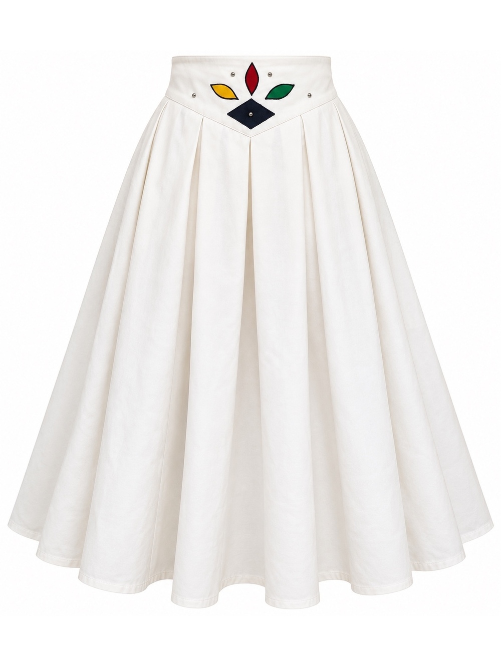 Vintage White Pleated Midi Skirt with Geometric Appliqué